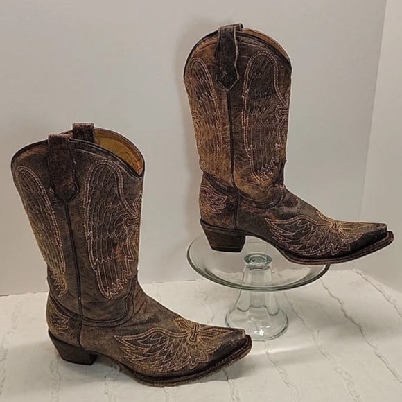 Corral Teens Brown Cowboy Boots Pointed Toe Angel Wings Cross Women’s Size 5 - Picture 1 of 12